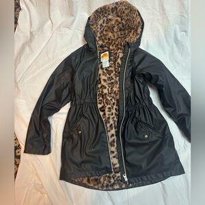 C&C California Black Coat with Brown Leopard Faux Fur